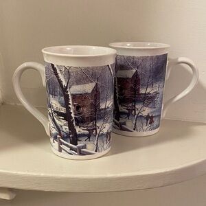 Vintage Winter Scene Ceramic Mugs - Set of 2